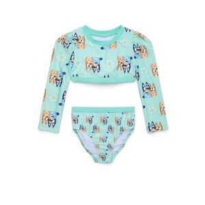 Bluey Green Toddler Girl Long- Sleeve Bikini Swimsuit Two-Piece 4T Cute Dogs
